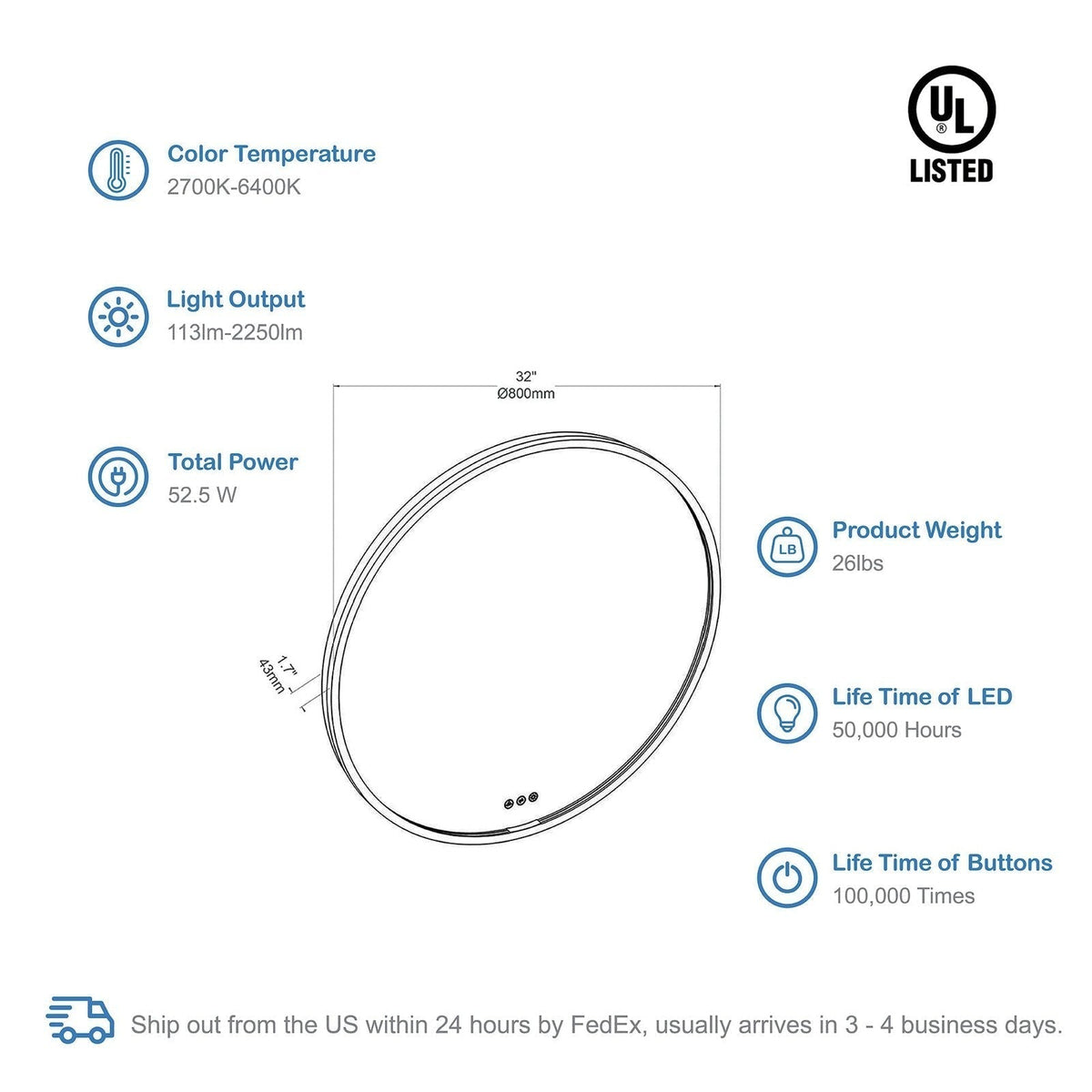 Blossom Oskar 32 Inch Round LED Mirror - LED M7 R32 MB