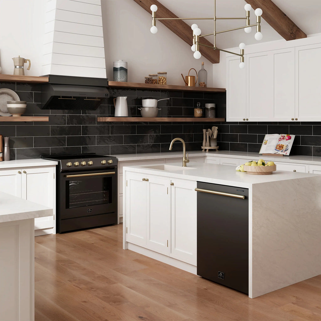 Forno 5-Piece Appliance Package - 30-Inch Electric Range, Under Cabinet Range Hood, French Door Refrigerator, Dishwasher, and 30-Inch Microwave Drawer in Black with Antique Brass Trim - APR5-6012-30BLK-MWD30