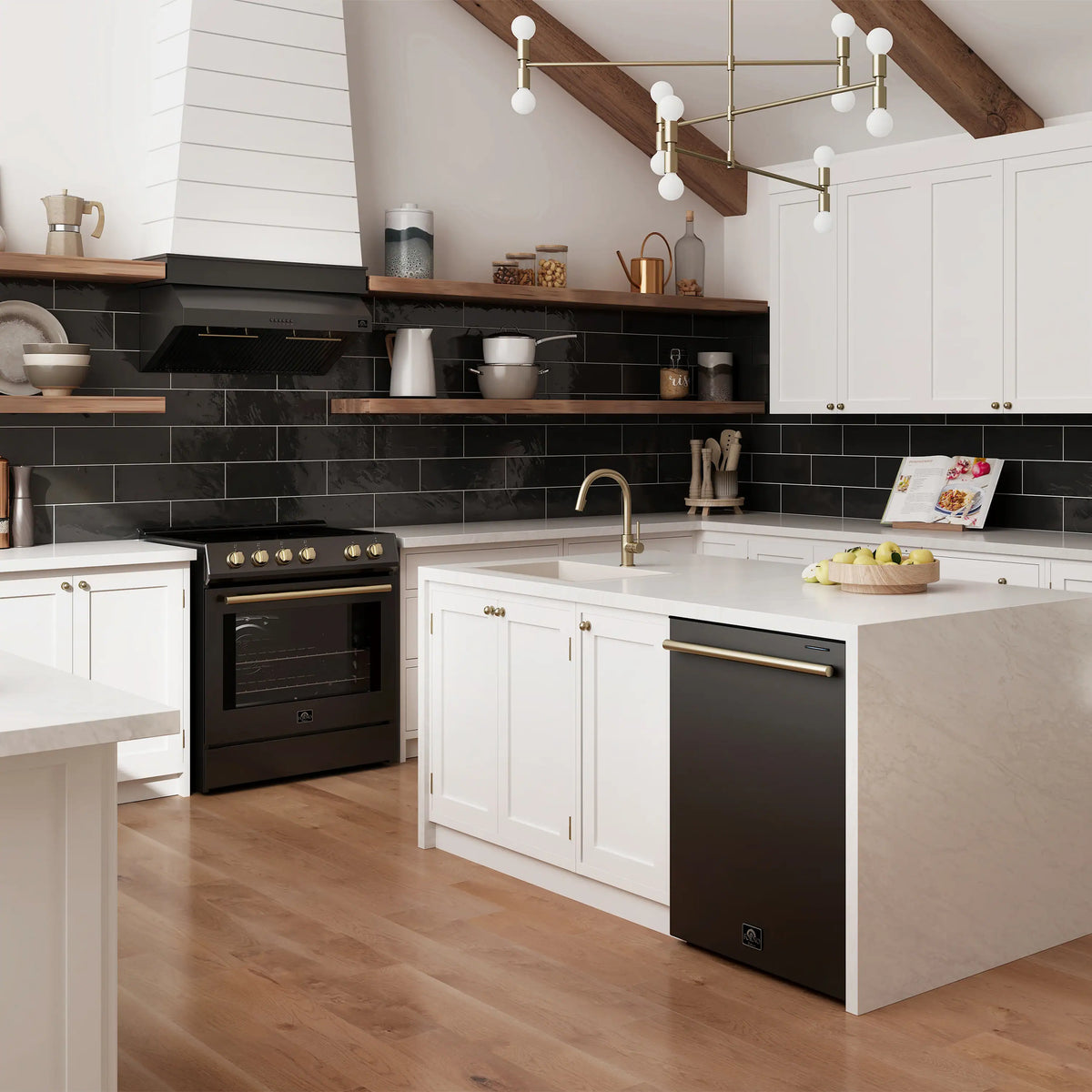 Forno 5-Piece Appliance Package - 30-Inch Electric Range, Under Cabinet Range Hood, French Door Refrigerator, Dishwasher , & Microwave Drawer in Black with Antique Brass Trim - APR5-6012-30BLK