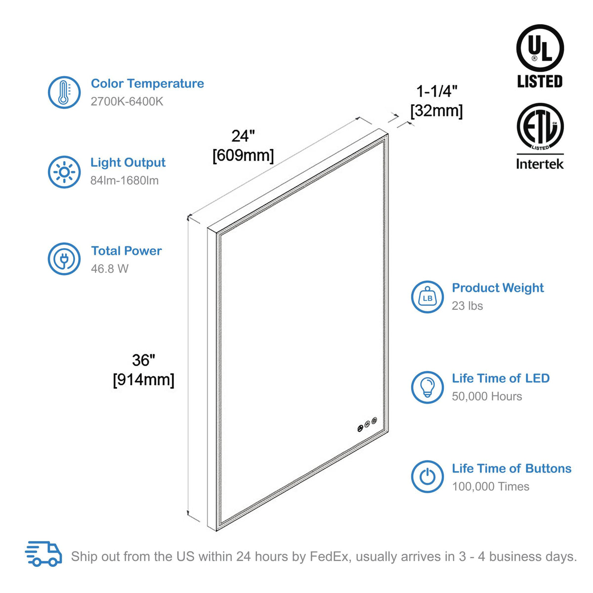 Blossom Stellar 24 Inch LED Mirror - LED M4 2436 MB