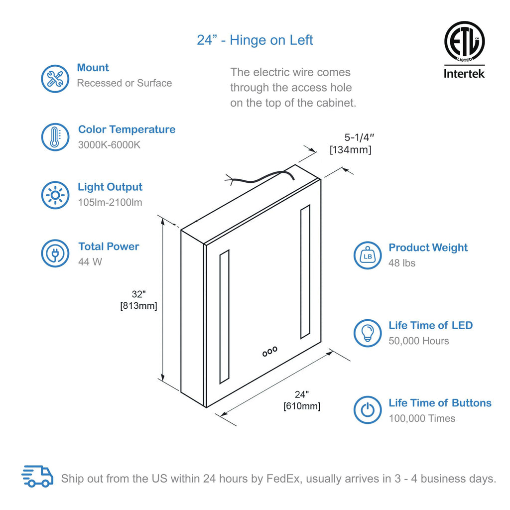 Blossom Pillar – 24 Inches LED Medicine Cabinet - MCL1 2432L