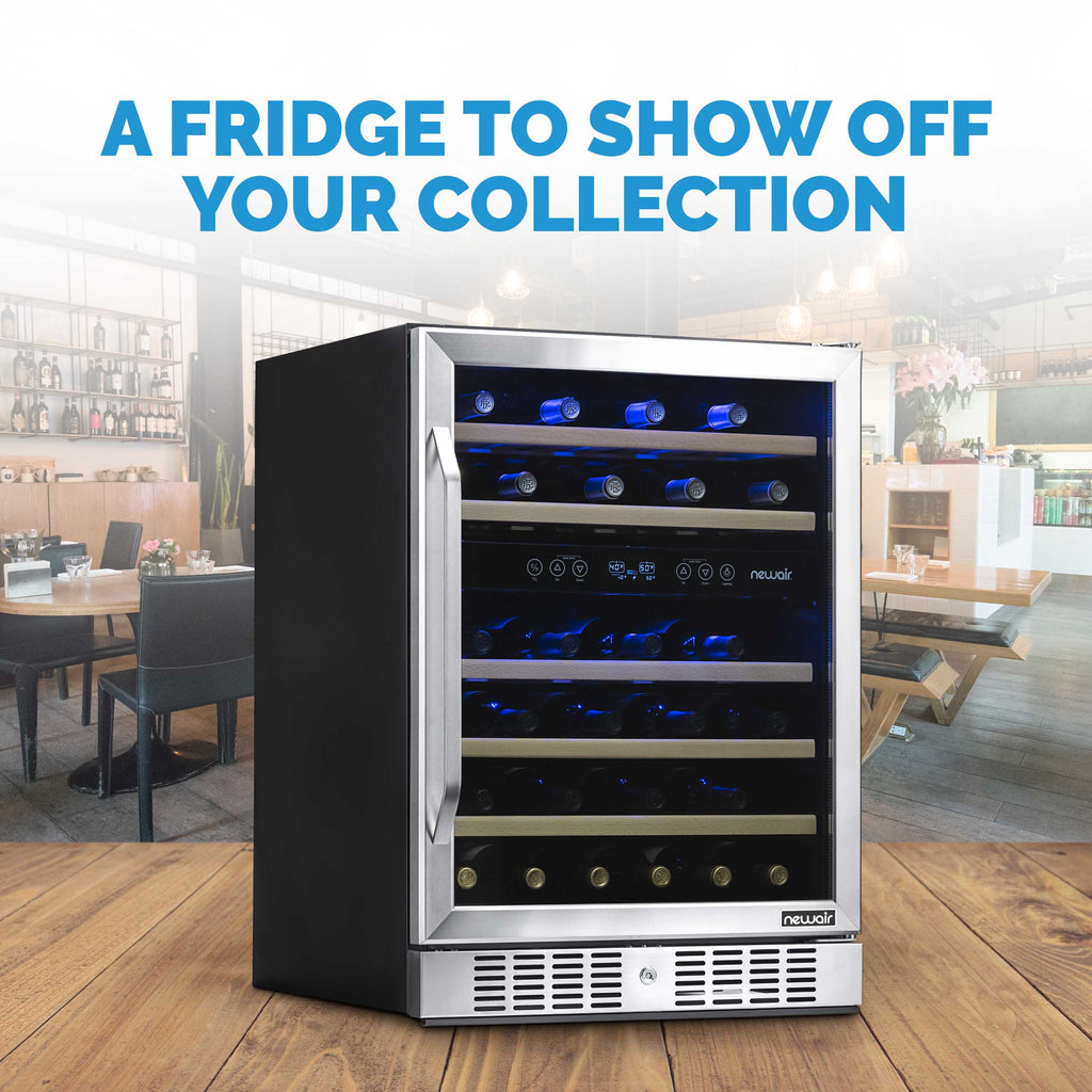 Newair - 24” 46-Bottle Dual-Zone Built-in/Freestanding Wine Cooler (AWR-460DB) - Stainless Steel w/ Beech Wood Shelves