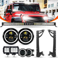 Auxbeam 7" LED Halo Headlights + 4" Inch LED Fog Lights with DRL + 5D-PRO 52" Straight LED Light Bar + Windshield Mounting Brackets + 18W Flood Beam Pod Lights Set for for Jeep Wrangler JK - GP00007761