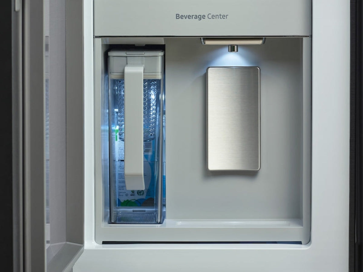 SAMSUNG Bespoke 36" 23 cu. ft. Counter Depth 4-Door Flex Refrigerator with AI Family Hub+ & AI Vision Inside in White Glass - RF23DB990012AA