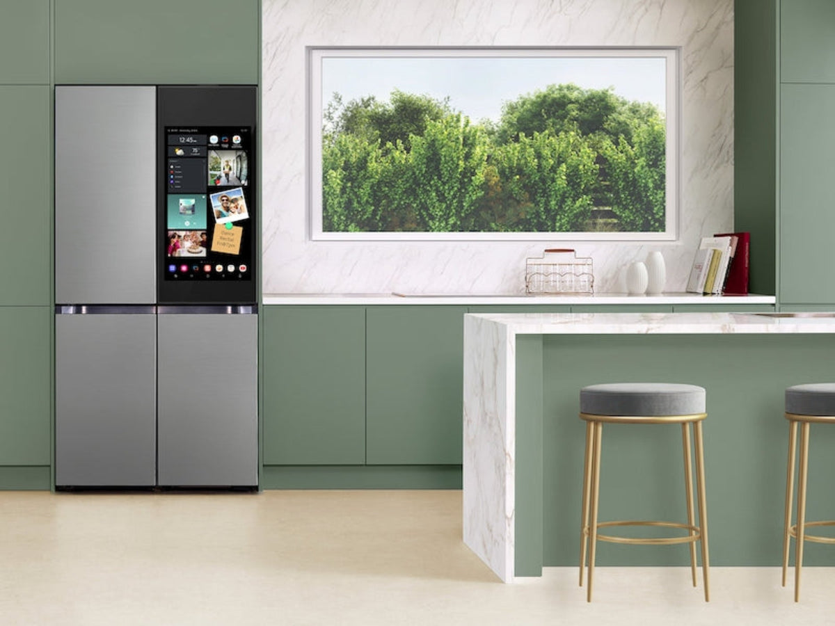 SAMSUNG Bespoke 36" 23 cu. ft. Counter Depth 4-Door Flex Refrigerator with AI Family Hub+ & AI Vision Inside in Stainless Steel - RF23DB9900QDAA