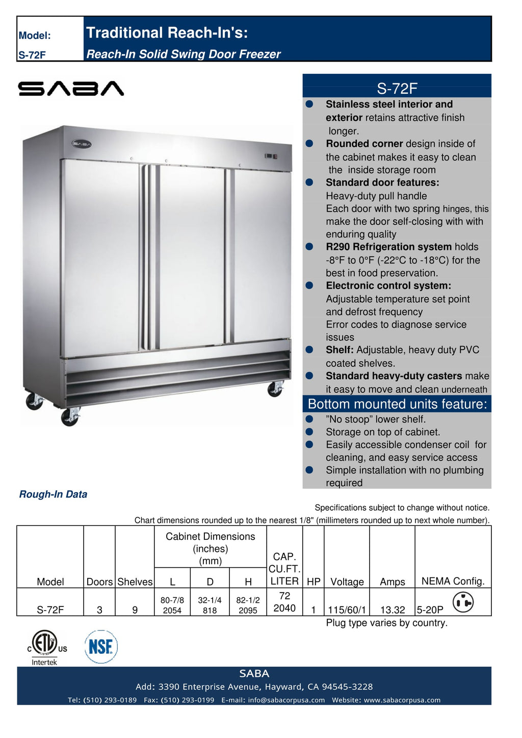 SABA Three Door Commercial Reach-In Stainless Steel Freezer -  S-72F