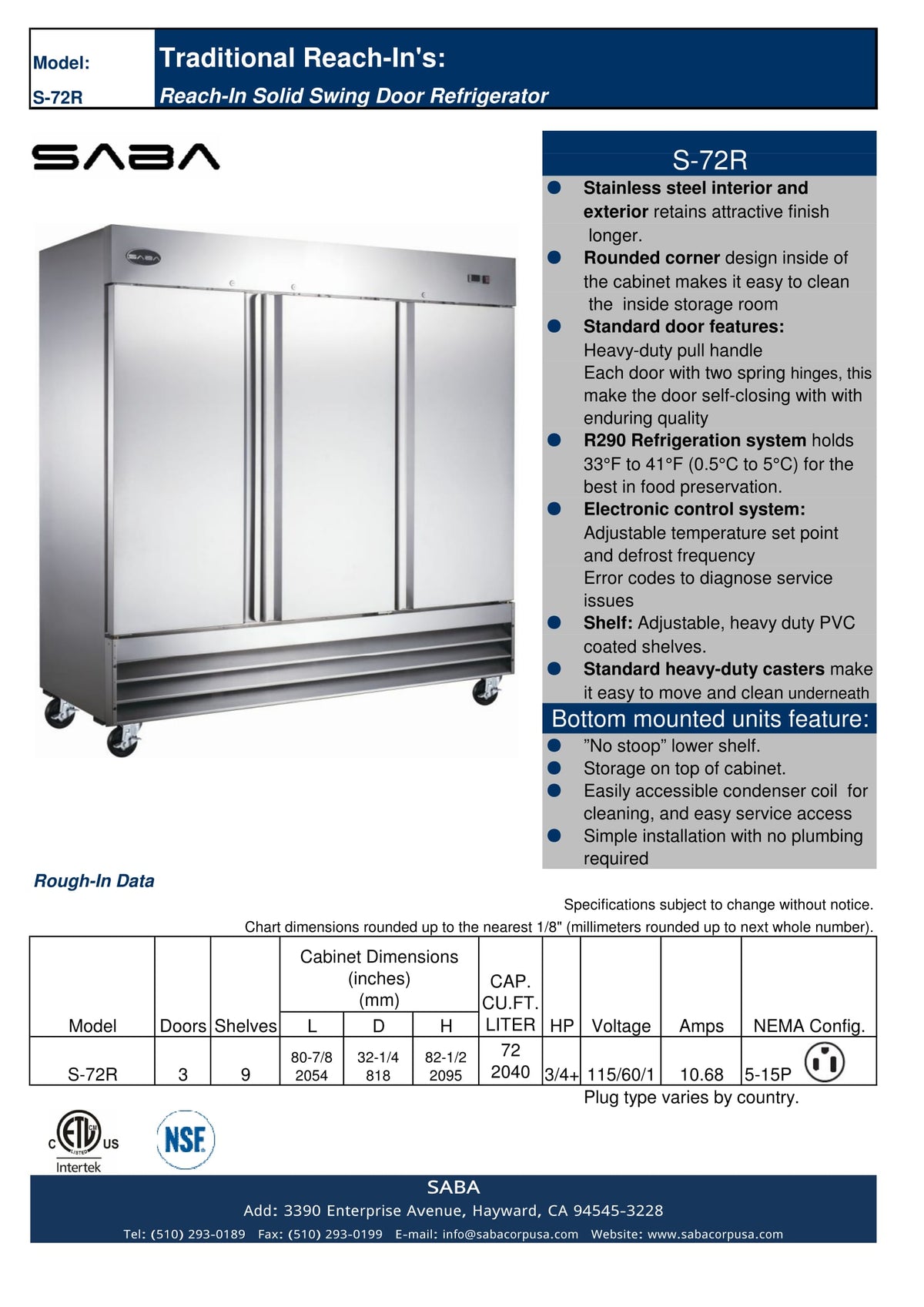 SABA   Three Door Commercial Reach-In Stainless Steel Cooler - S-72R