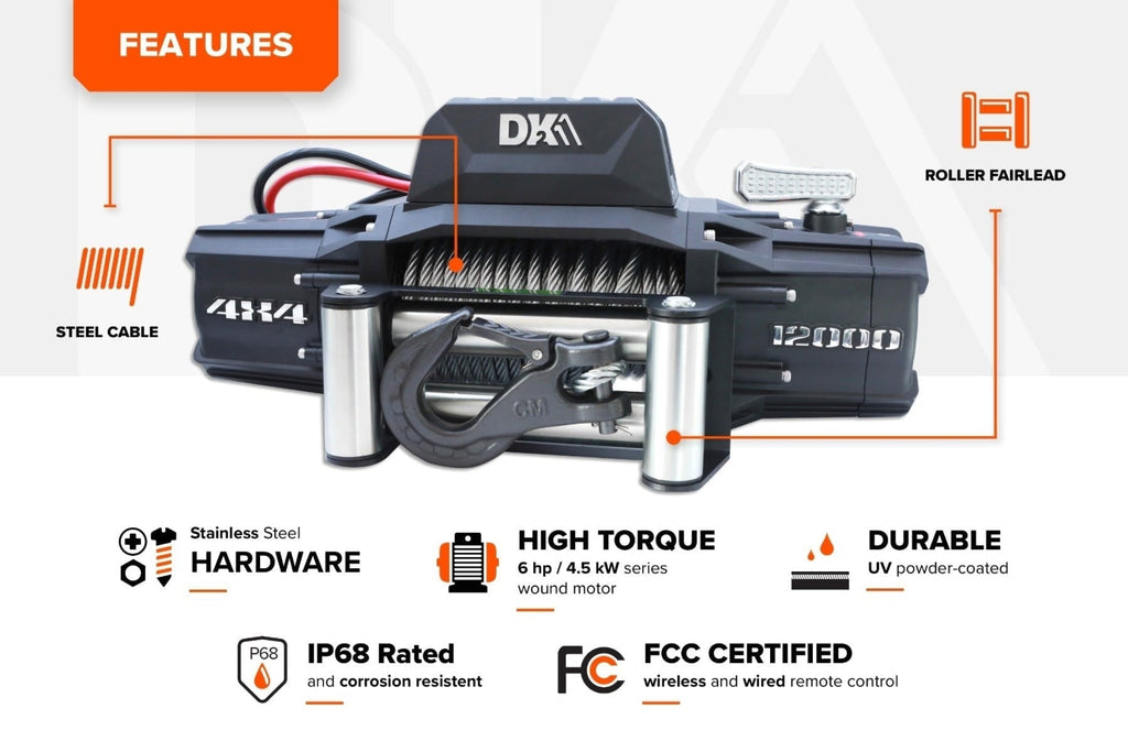 DK2 S12000 Electric Winch 12,000 lbs. 4 x 4 with Steel Cable New - S12000