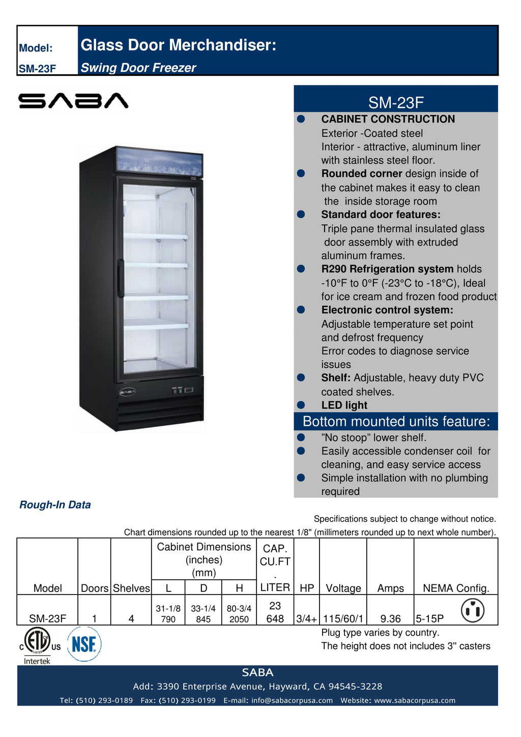 SABA  - One Glass Door Commercial Merchandiser Freezer - SM-23F