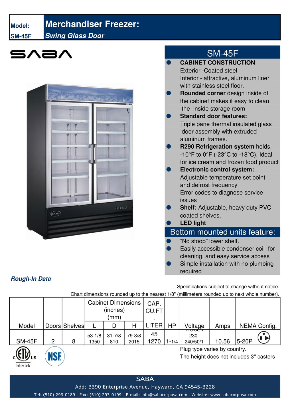 SABA Two Glass Door Commercial Merchandiser Freezer -  SM-45F