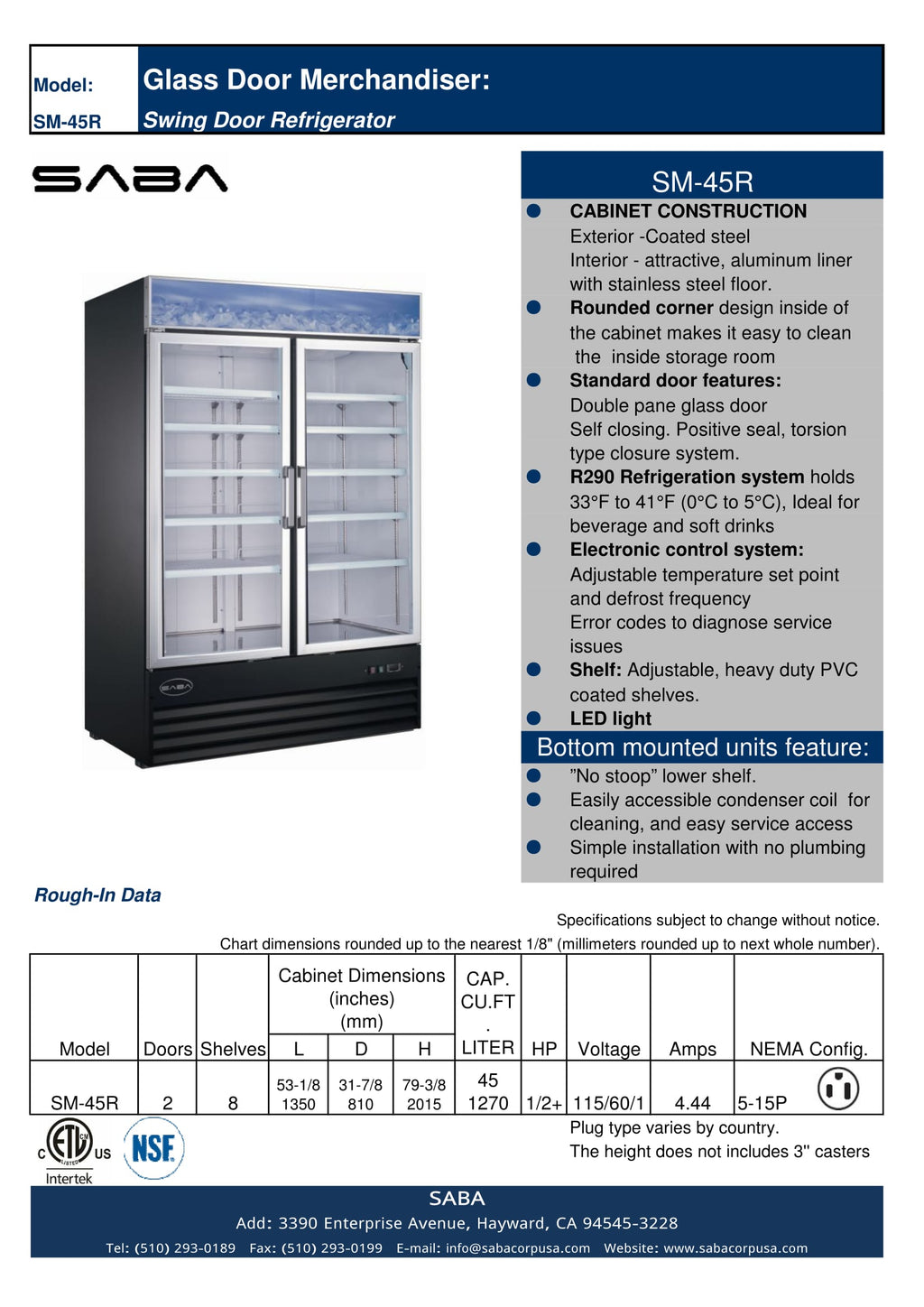 SABA  - Two Glass Swing Door Commercial Merchandiser Cooler - SM-45R