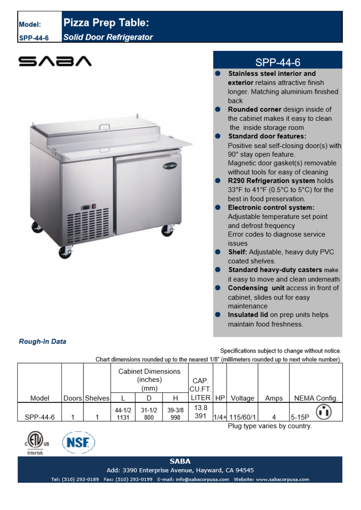 SABA SPP-44-6 - 44" One Door Commercial Pizza Prep Table with 6 Pans
