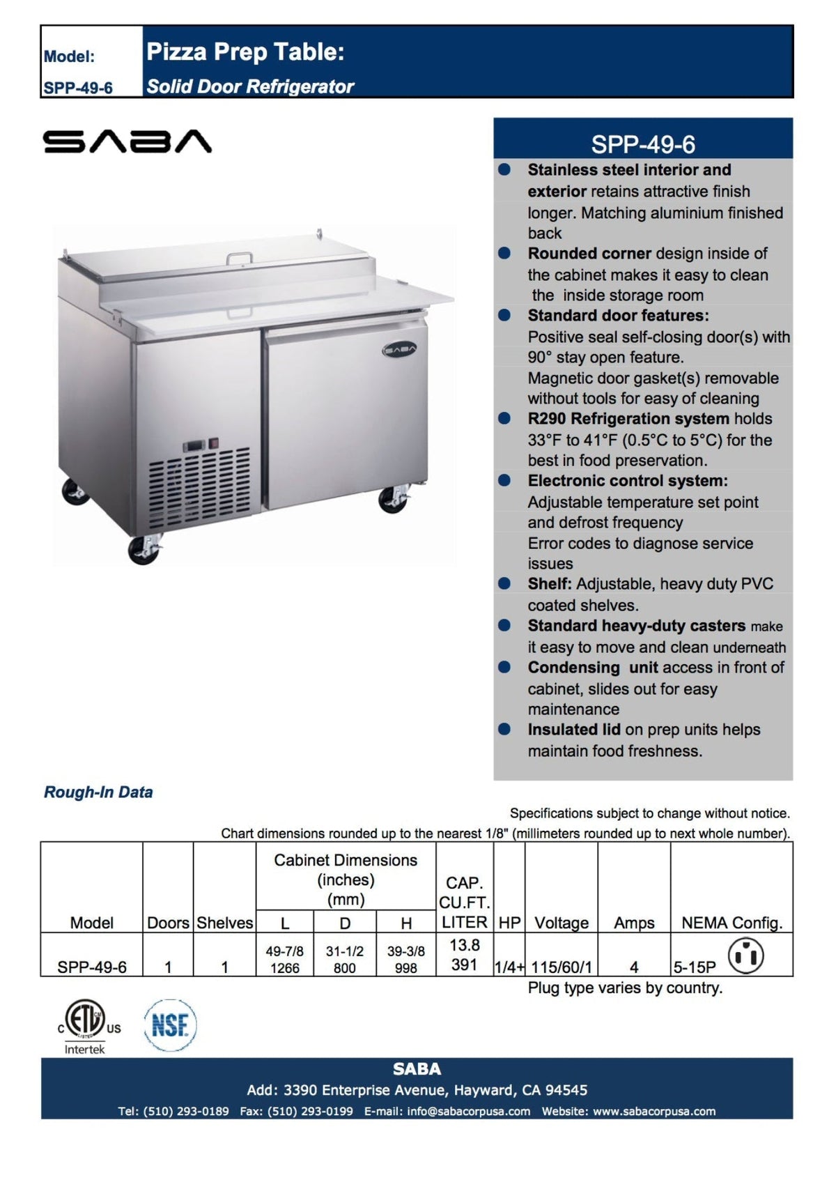 SABA " One Door Commercial Pizza Prep Table with 6 Pans - SPP-49-6 - 49