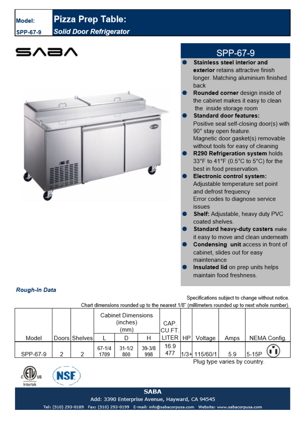 SABA SPP-67-9 - 67" Two Door Commercial Pizza Prep Table with 9 Pans
