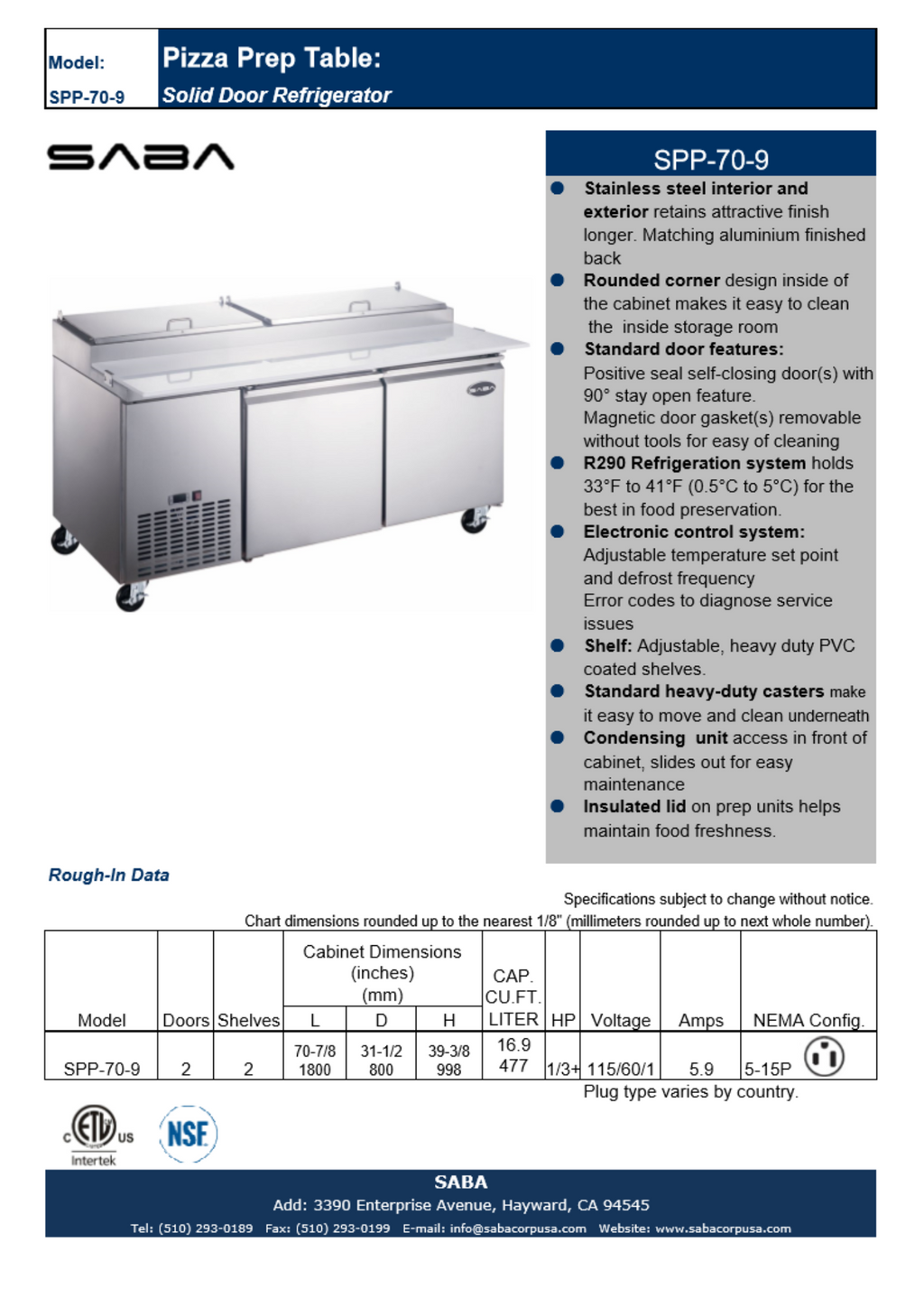 SABA SPP-70-9 - 70" Two Door Commercial Pizza Prep Table with 9 Pans
