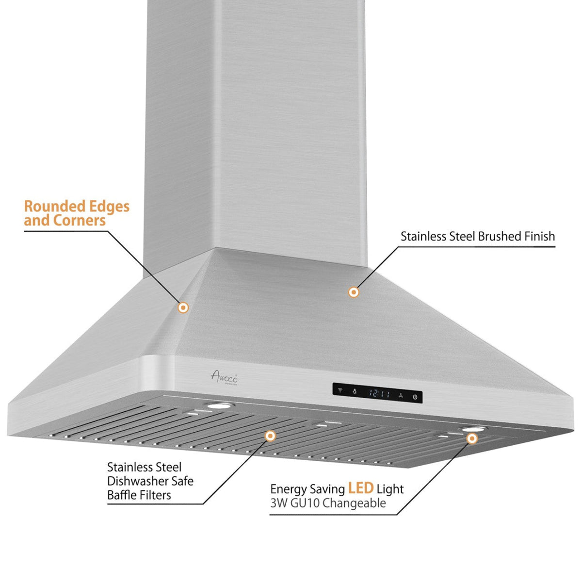 Awoco RH-WT-C Wall Mount Stainless Steel Range Hood, 3 Speeds, 800CFM, 2 LED Lights, Remote Control, With 6” Blower Unit - RH-WT-C30+RH-SP06-BLW