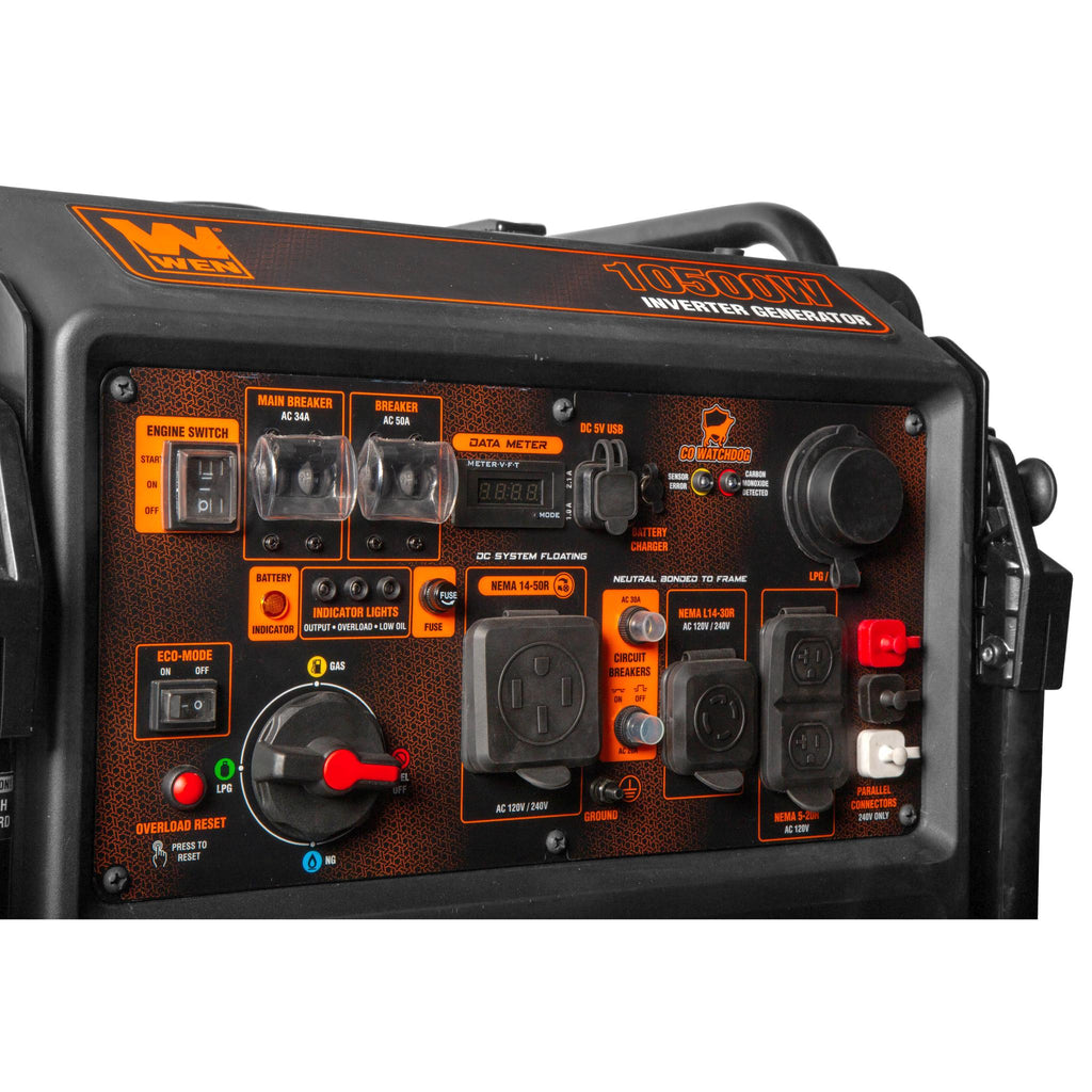 WEN TF1050iX 10,500-Watt 120V/240V Tri-Fuel Inverter Generator with Quiet 457cc Engine, Electric Start, Wheel Kit, and CO Watchdog, Gas, Propane, and Natural Gas Powered - TF1050iX