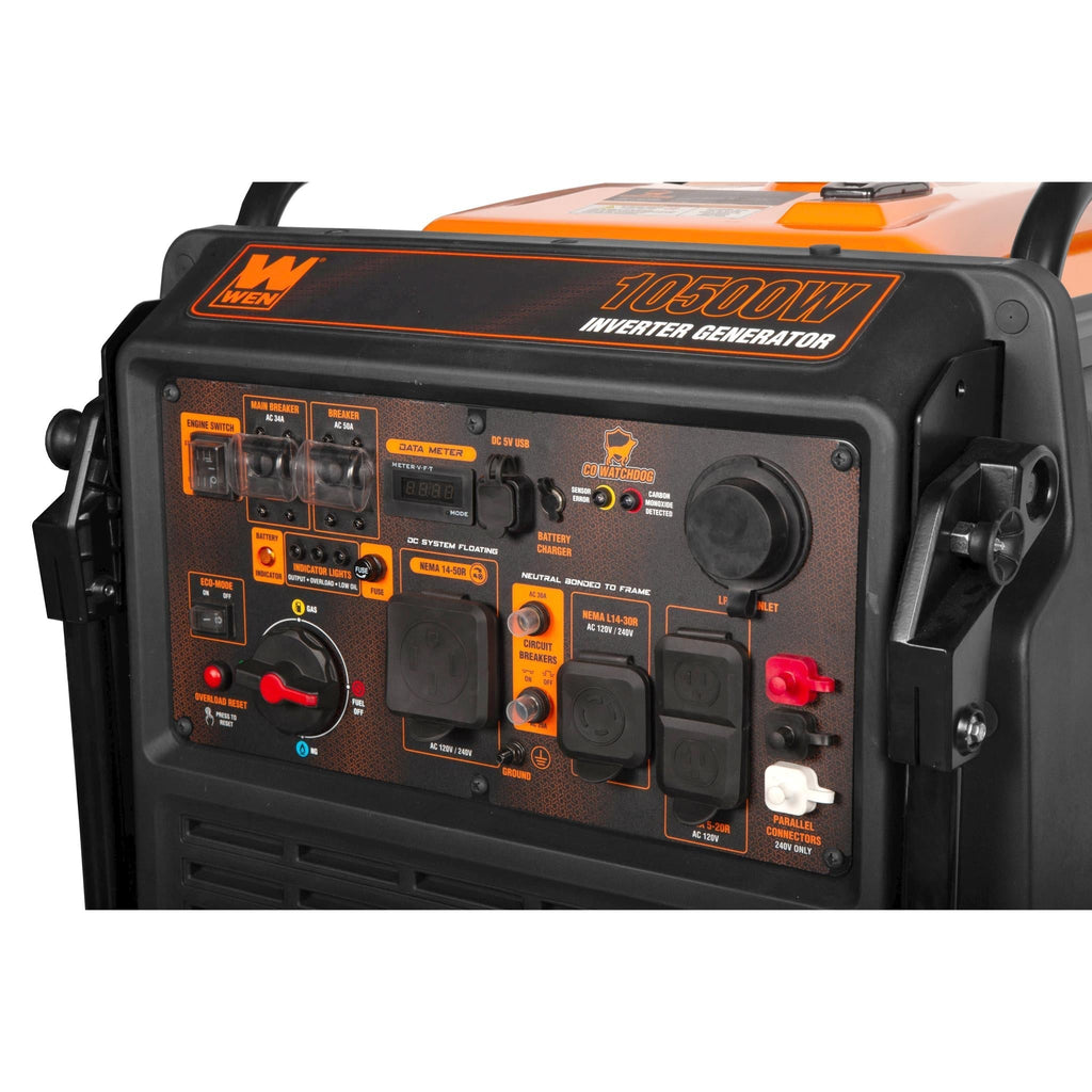 WEN TF1050iX 10,500-Watt 120V/240V Tri-Fuel Inverter Generator with Quiet 457cc Engine, Electric Start, Wheel Kit, and CO Watchdog, Gas, Propane, and Natural Gas Powered - TF1050iX