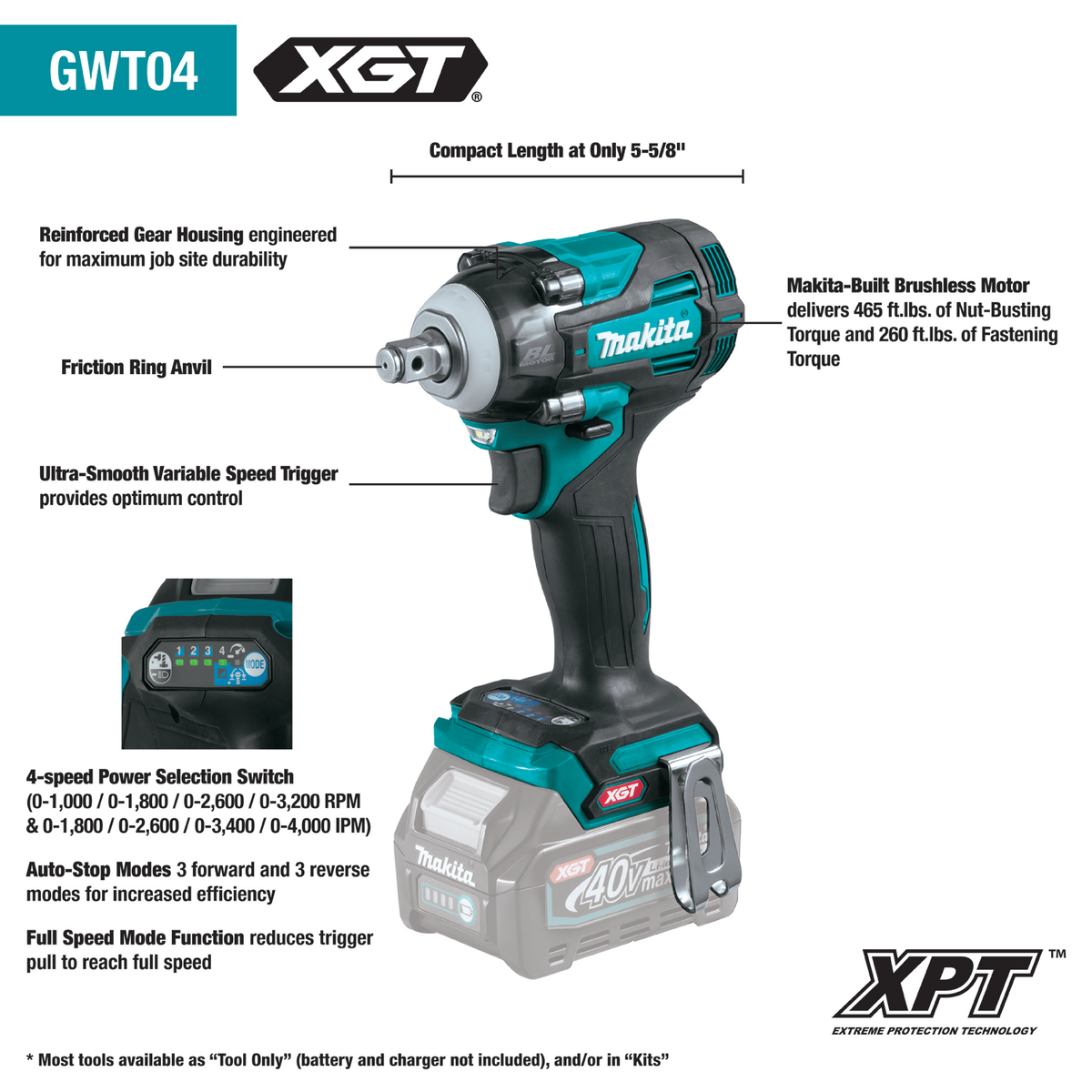 Makita XGT 40V max Impact Wrench 4 Speed 1/2in (Bare Tool) - GWT04Z
