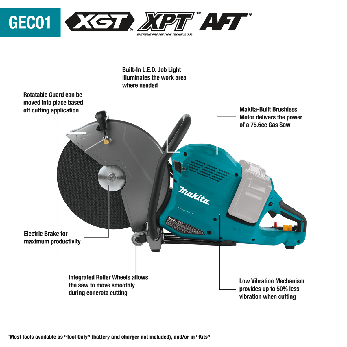 Makita 80V Max (40V Max X2) XGT Brushless 14 In. Power Cutter Kit with 4 Batteries, AFT, Electric Brake - GEC01PL4