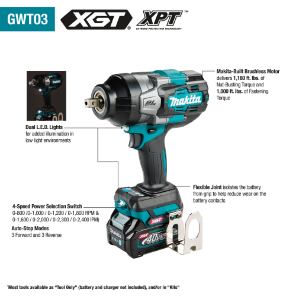 Makita 40V max XGT Brushless Cordless 4‑Speed High‑Torque 1/2" Sq. Drive Impact Wrench Kit w/ Detent Anvil (2.5Ah) - GWT03D