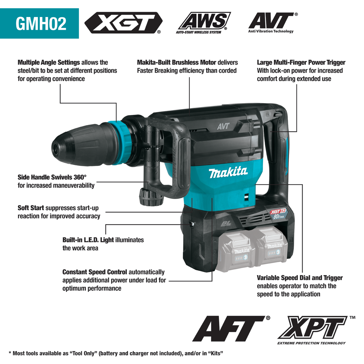 Makita 80V Max (40V Max X2) XGT Brushless 28 lb. AVT Demolition Hammer Kit, accepts SDS-MAX bits, AWS Capable & FREE Makita GRH07M1 - GMH02PM