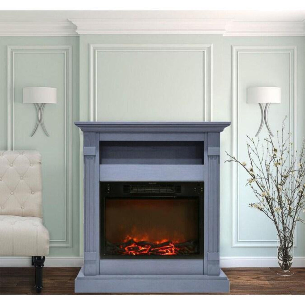 Cambridge Sienna 34 In. Electric Fireplace w/ 1500W Log Insert and Slate Blue Mantel - CAM3437-1SBL