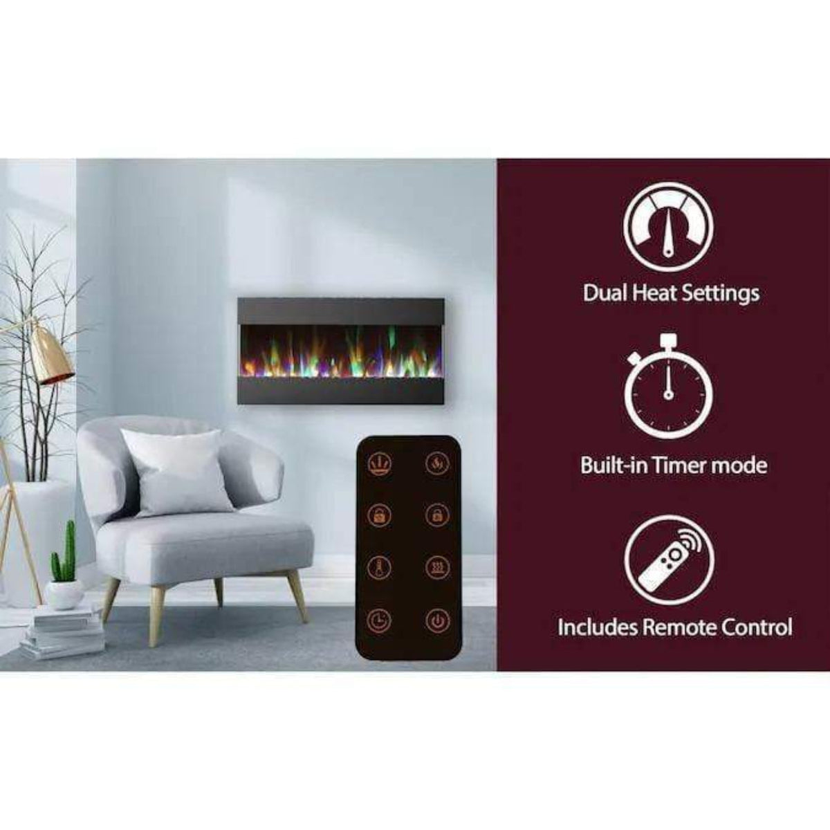 Cambridge 42 In. Recessed Wall Mounted Electric Fireplace with Crystal and LED Color Changing Display, Black - CAM42RECWMEF-1BLK