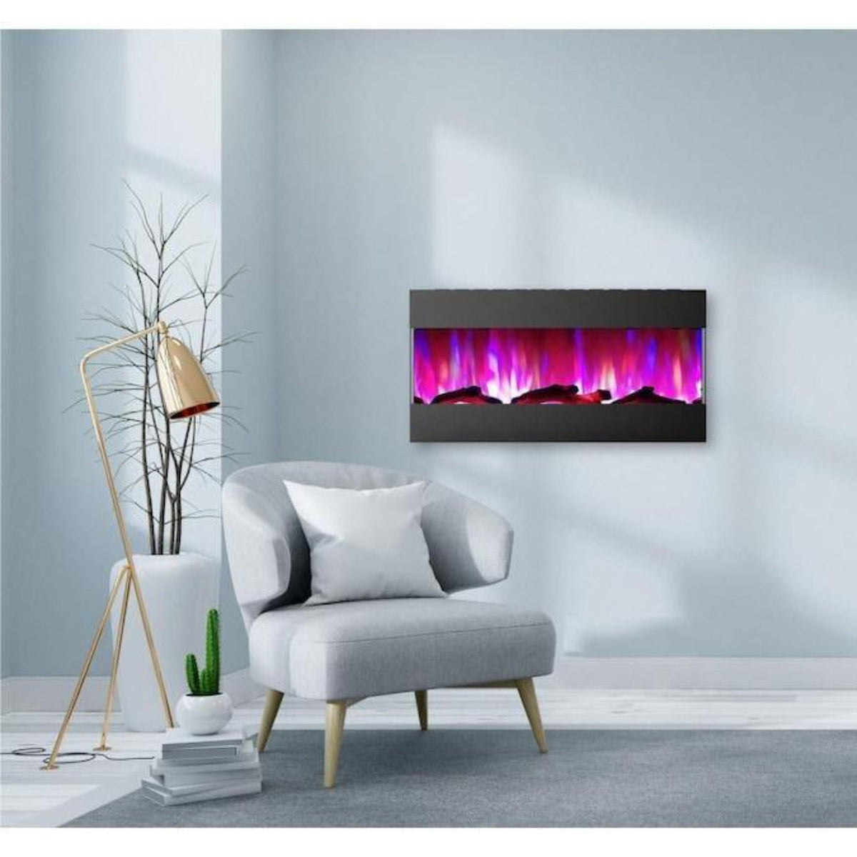 Cambridge 42 In. Recessed Wall Mounted Electric Fireplace with Logs and LED Color Changing Display, Black - CAM42RECWMEF-2BLK