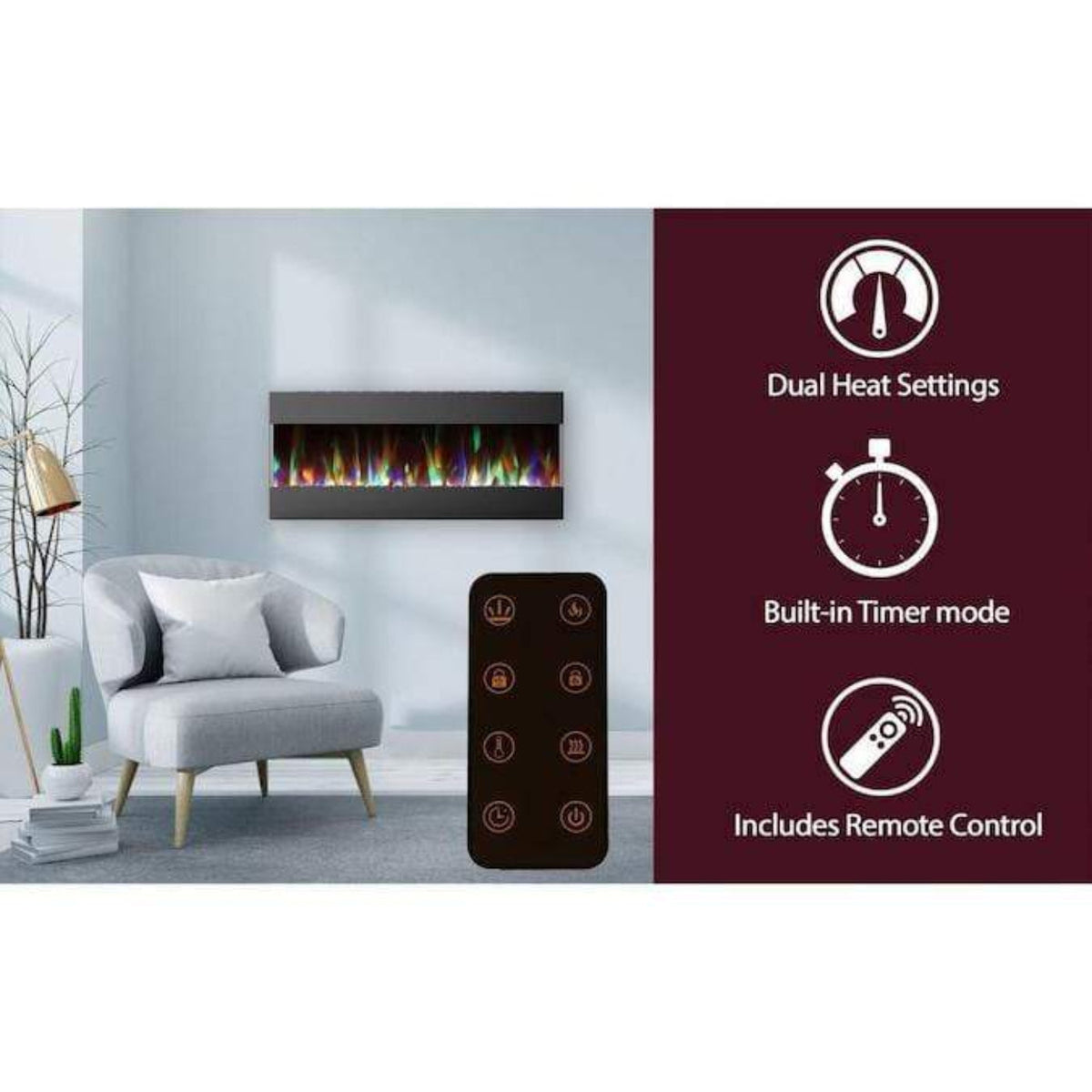 Cambridge 50 In. Recessed Wall Mounted Electric Fireplace with Crystal and LED Color Changing Display, Black - CAM50RECWMEF-1BLK
