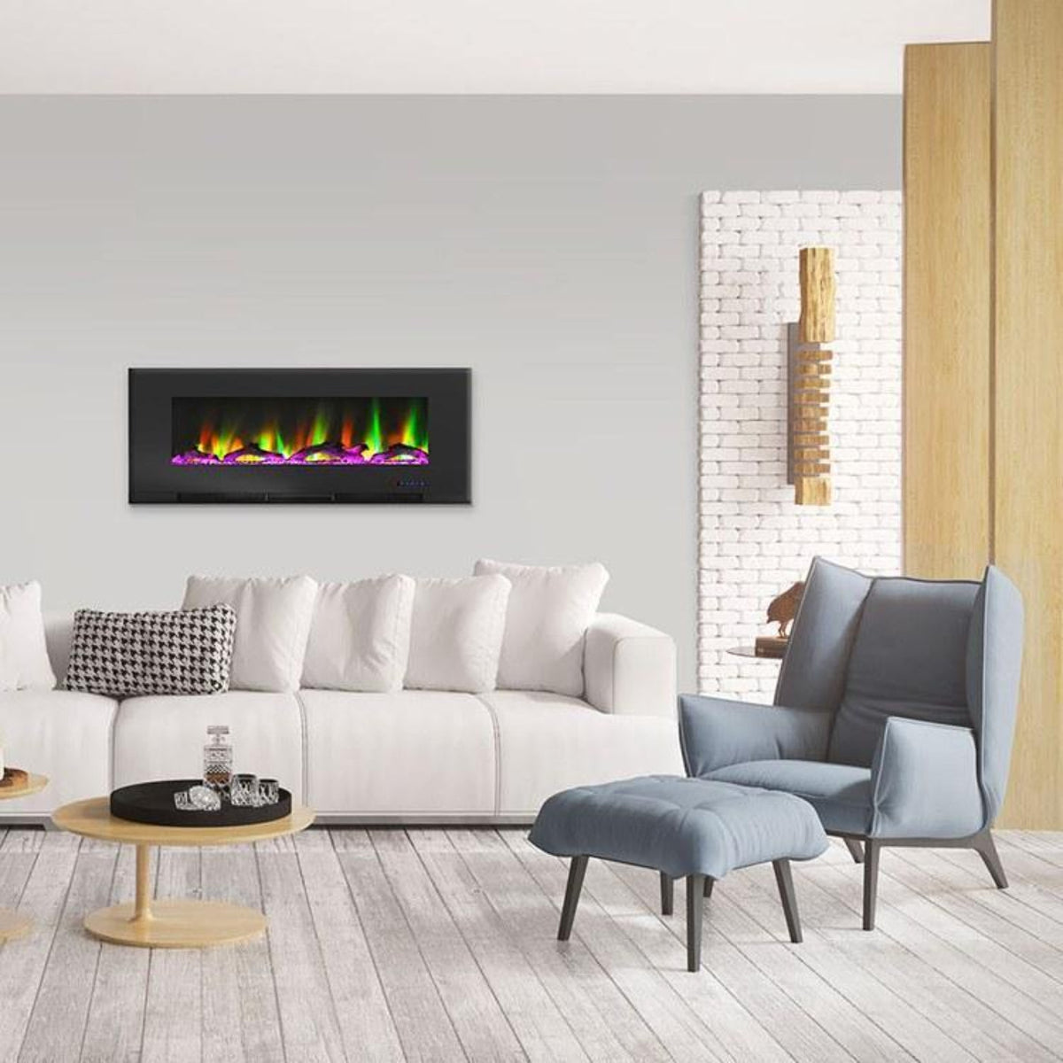 Cambridge 50 In. Wall-Mount Electric Fireplace in Black with Multi-Color Flames and Crystal Rock Display - CAM50WMEF-2BLK,