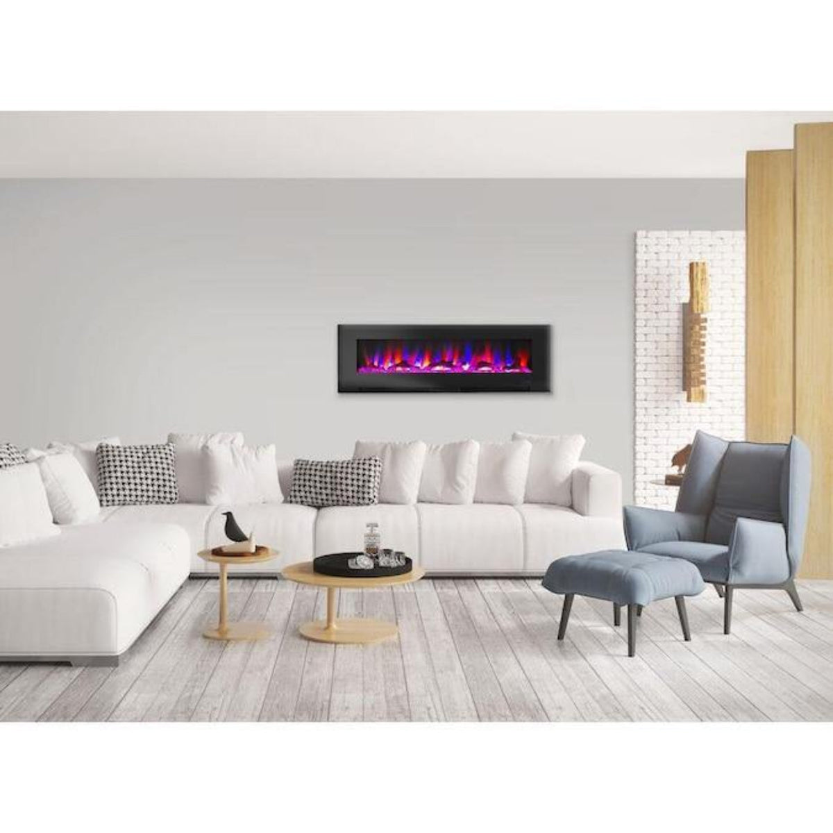 Cambridge 60 In. Wall-Mount Electric Fireplace in Black with Multi-Color Flames and Driftwood Log Display , - CAM60WMEF-2BLK