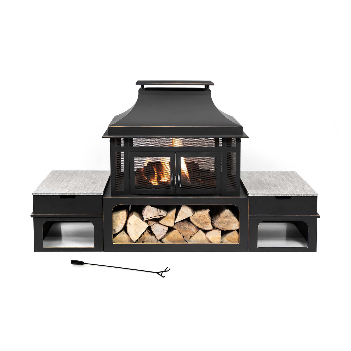 Deko Living Rimasco 80-Inch Metal Wood Burner Fireplace with Side Storage Tables  - COB10504