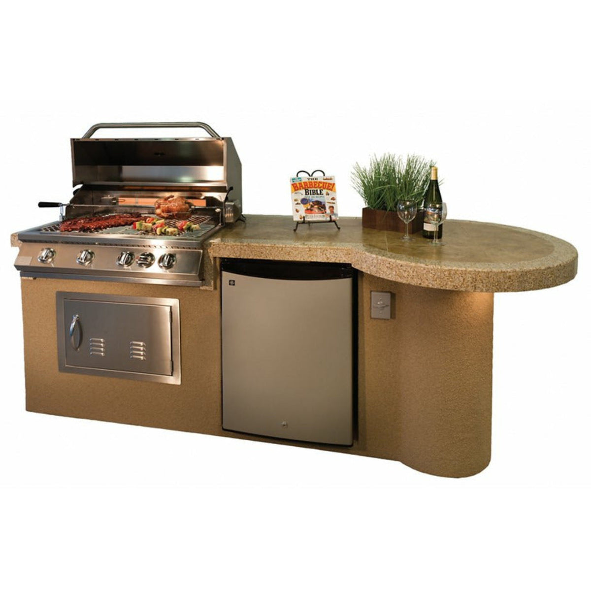 KoKoMo Maui 7'6" BBQ Island With 33" Round Bar on one end Led Lights and Built In BBQ - MAUI