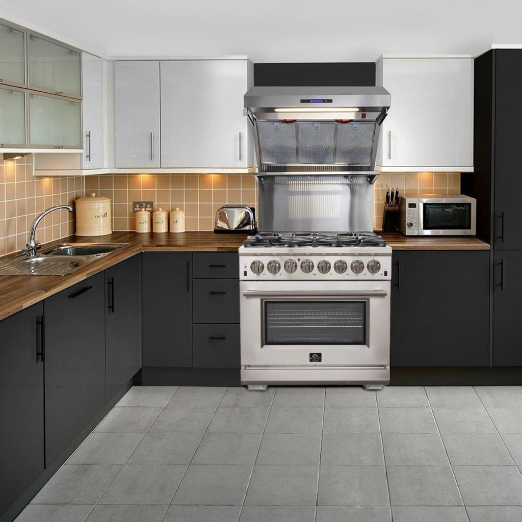 Forno 4-Piece Appliance Package - 36-Inch Dual Fuel Range, Refrigerator, Wall Mount Hood with Backsplash, & 3-Rack Dishwasher in Stainless Steel - AP4-6156-36