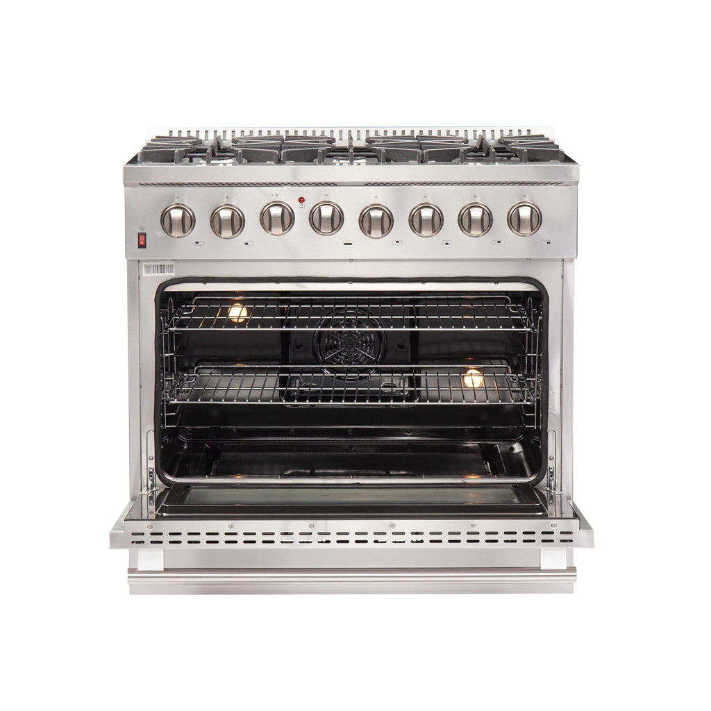 Forno 4-Piece Appliance Package - 36-Inch Dual Fuel Range, Refrigerator, Wall Mount Hood with Backsplash, & 3-Rack Dishwasher in Stainless Steel - AP4-6156-36