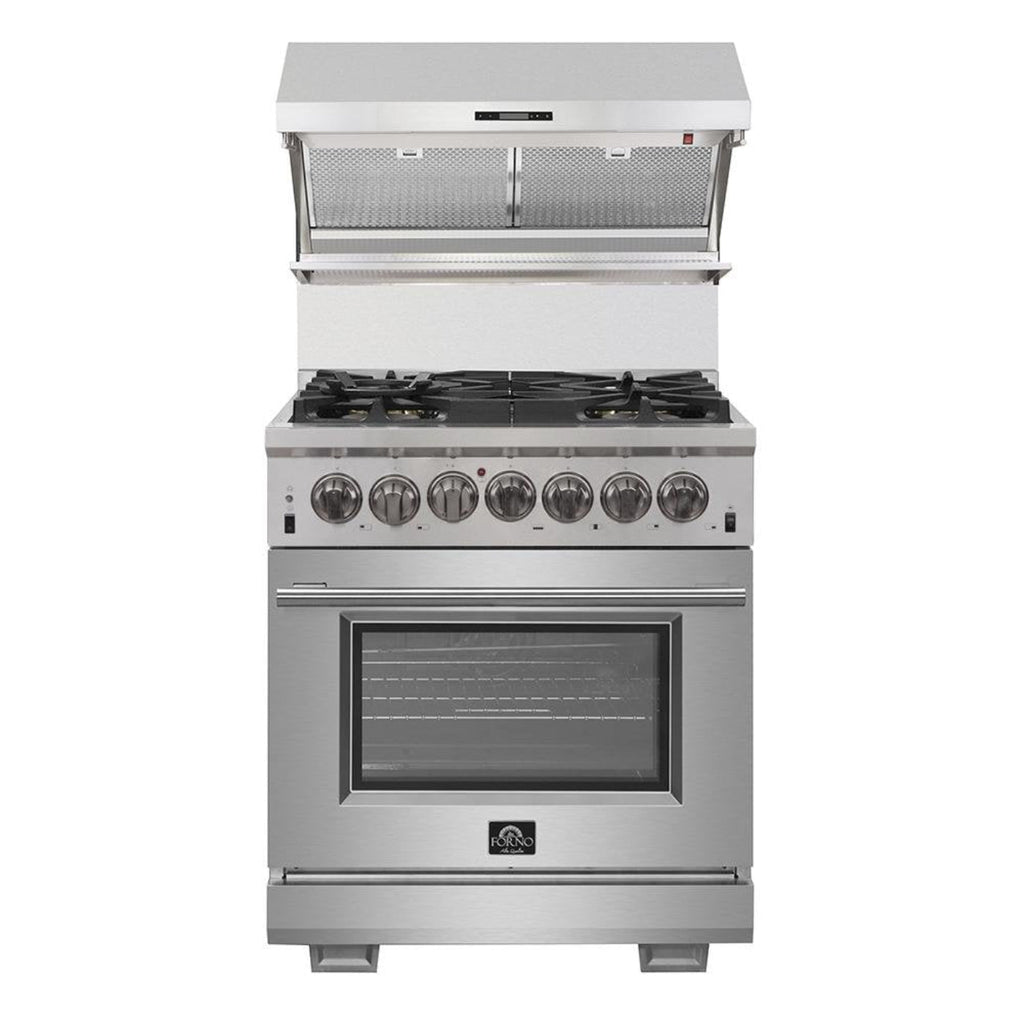 Forno 4-Piece Pro Appliance Package - 30-Inch Dual Fuel Range, Premium Hood, French Door Refrigerator, and Dishwasher in Stainless Steel - AP4-6187-30
