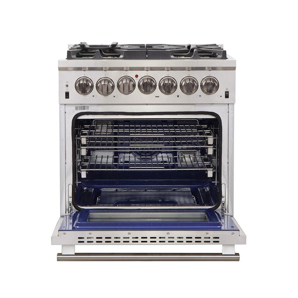 Forno 4-Piece Pro Appliance Package - 30-Inch Dual Fuel Range, Premium Hood, French Door Refrigerator, and Dishwasher in Stainless Steel - AP4-6187-30