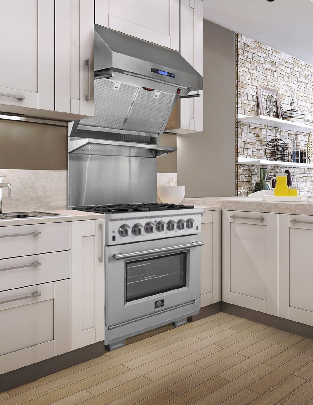 Forno 4-Piece Pro Appliance Package - 30-Inch Dual Fuel Range, Premium Hood, French Door Refrigerator, and Dishwasher in Stainless Steel - AP4-6187-30