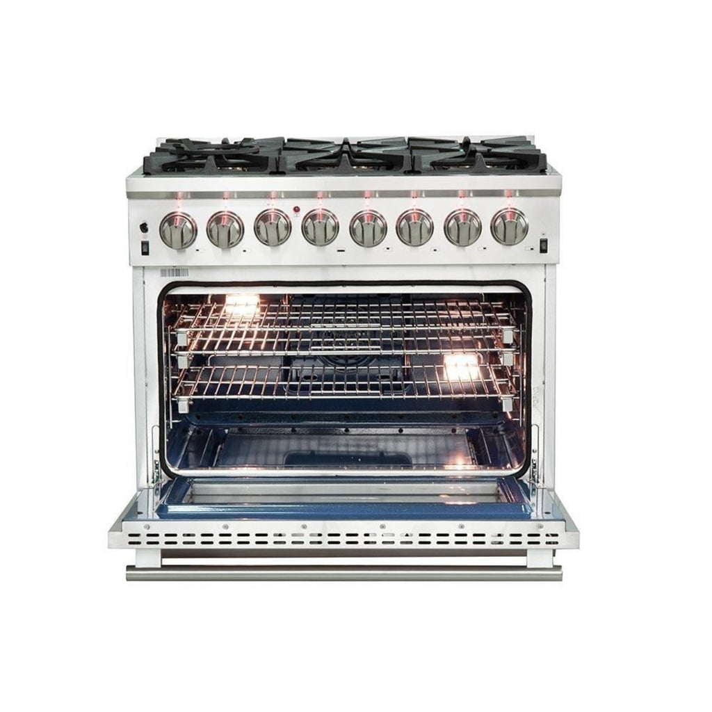 Forno 4-Piece Pro Appliance Package - 36-Inch Dual Fuel Range, Refrigerator, 24-Inch Microwave Drawer, & 3-Rack Dishwasher in Stainless Steel - AP4-6187-36-MWD