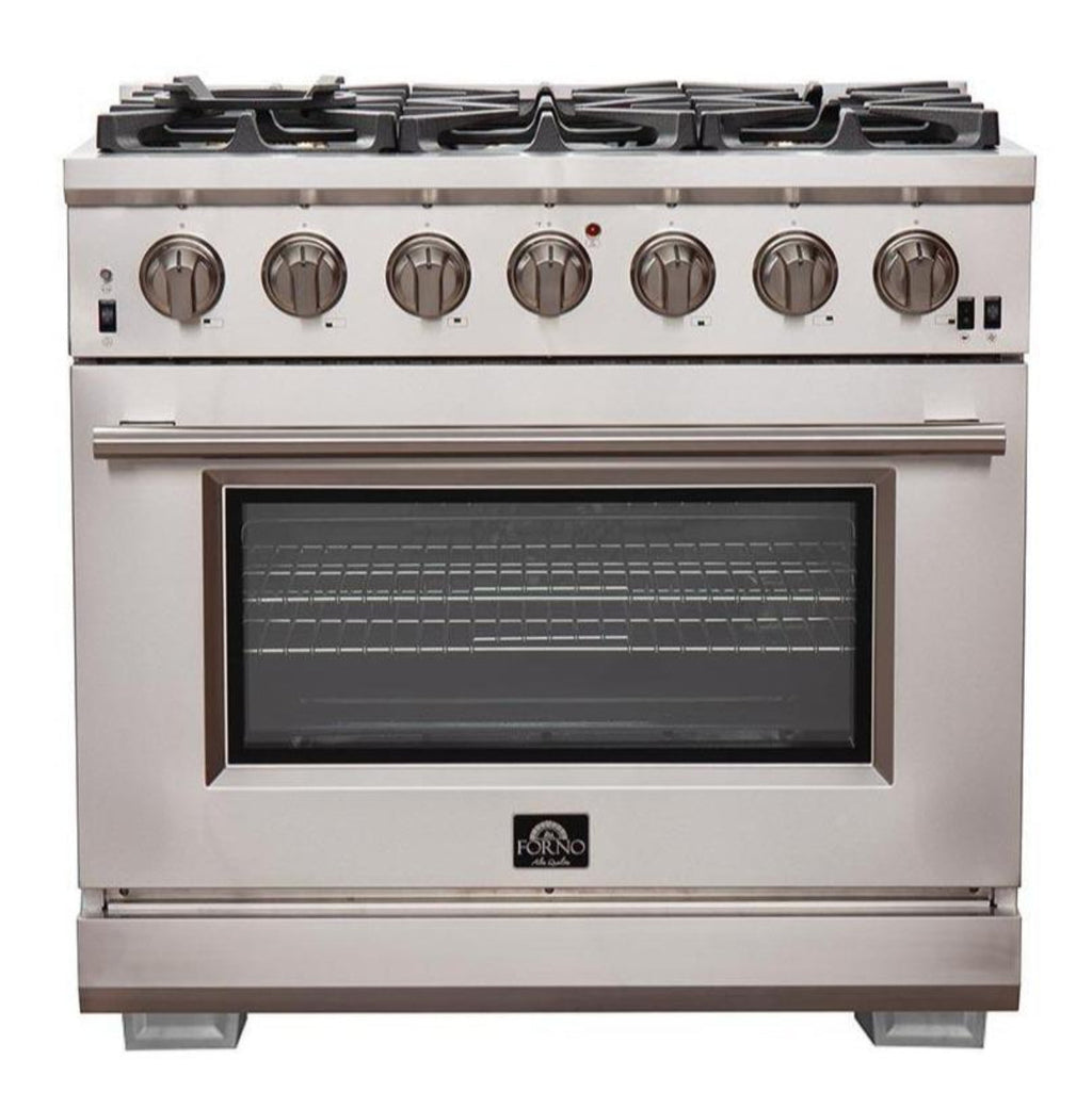 Forno 4-Piece Pro Appliance Package - 36-Inch Gas Range, Refrigerator, 24-Inch Microwave Drawer, & 3-Rack Dishwasher in Stainless Steel - AP4-6260-36-MWD