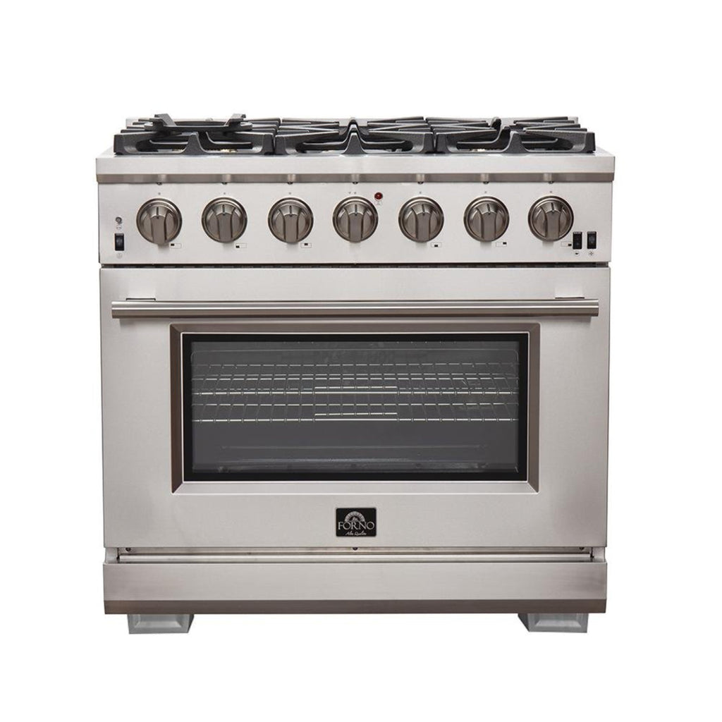 Forno 4-Piece Pro Appliance Package - 36-Inch Gas Range, Wall Mount Hood with Backsplash, 36-Inch French Door Refrigerator, and Dishwasher in Stainless Steel - AP4-6260-36