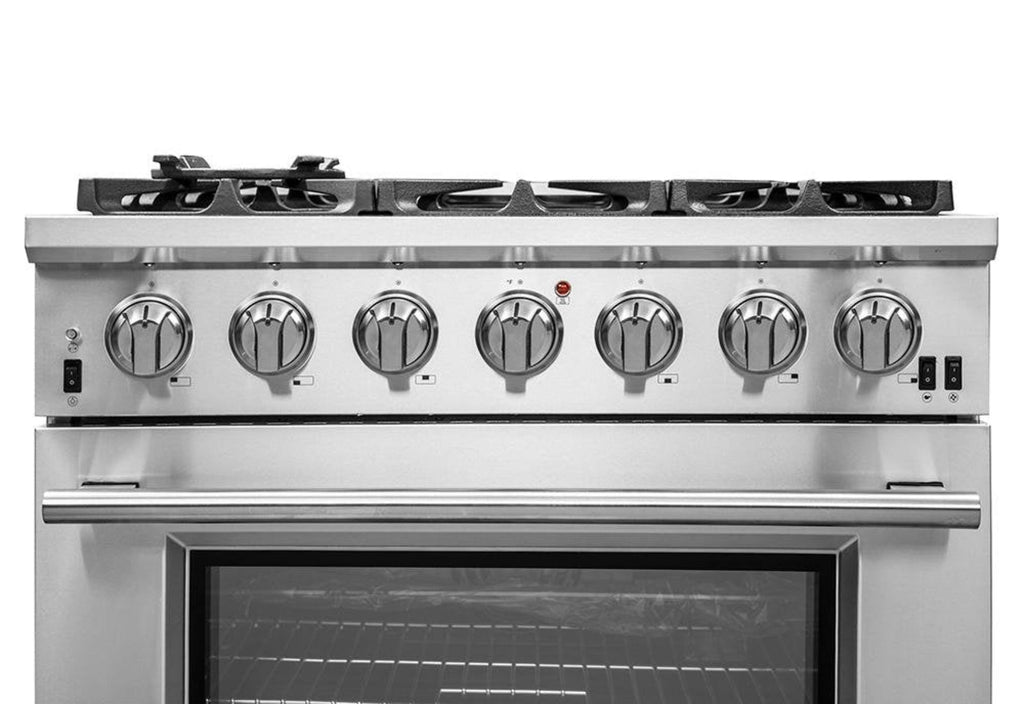 Forno 4-Piece Pro Appliance Package - 36-Inch Gas Range, Wall Mount Hood with Backsplash, 36-Inch French Door Refrigerator, and Dishwasher in Stainless Steel - AP4-6260-36