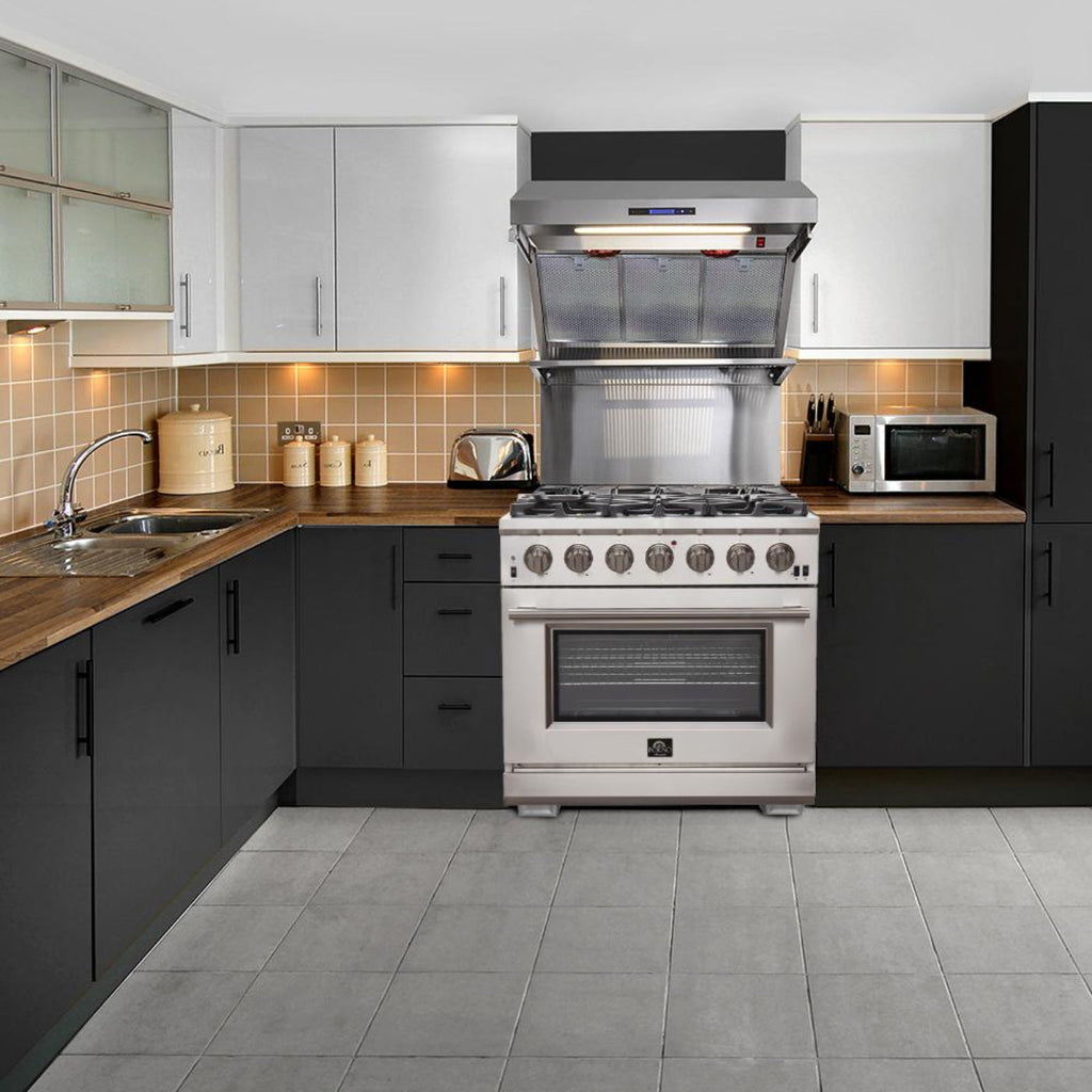 Forno 4-Piece Pro Appliance Package - 36-Inch Gas Range, Wall Mount Hood with Backsplash, 36-Inch French Door Refrigerator, and Dishwasher in Stainless Steel - AP4-6260-36