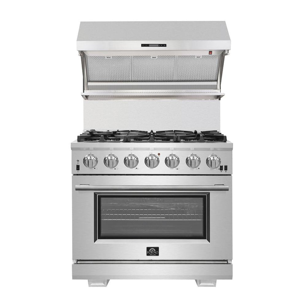 Forno 4-Piece Pro Appliance Package - 36-Inch Gas Range, Wall Mount Hood with Backsplash, 36-Inch French Door Refrigerator, and Dishwasher in Stainless Steel - AP4-6260-36