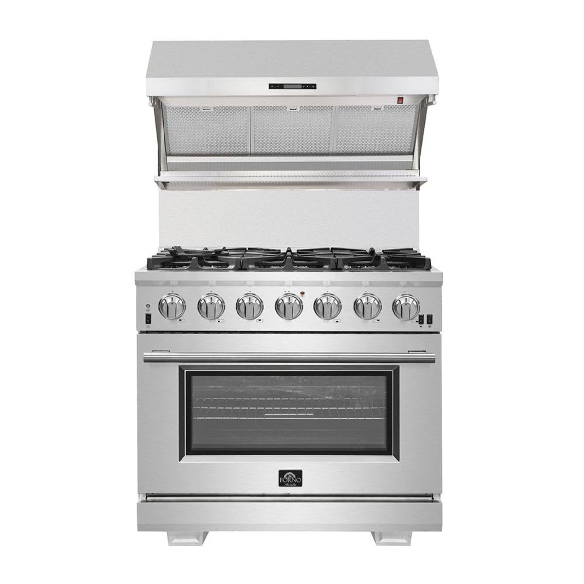Forno 4-Piece Pro Appliance Package - 36-Inch Gas Range, Wall Mount Hood with Backsplash, 36-Inch French Door Refrigerator, and Dishwasher in Stainless Steel - AP4-6260-36