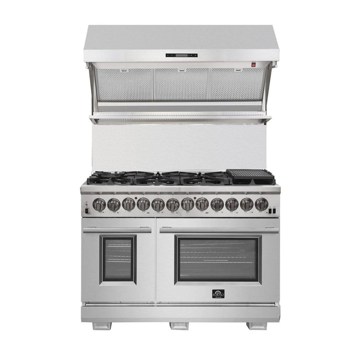 Forno 4-Piece Pro Appliance Package - 48-Inch Dual Fuel Range, 36-Inch French Door Refrigerator, Wall Mount Hood with Backsplash, & Dishwasher in Stainless Steel - AP4-6187-48
