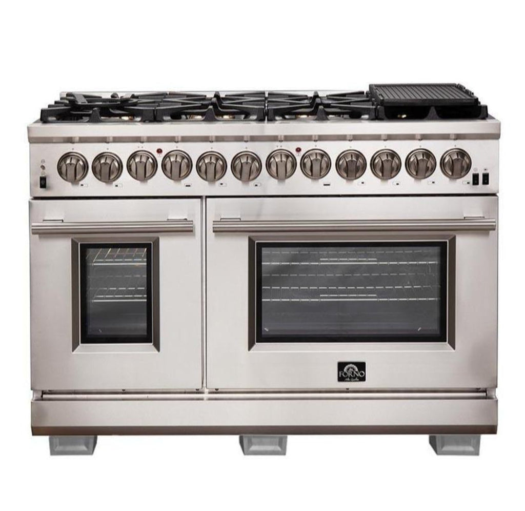 Forno 4-Piece Pro Appliance Package - 48-Inch Dual Fuel Range, Refrigerator, 24-Inch Microwave Drawer, & 3-Rack Dishwasher in Stainless Steel - AP4-6187-48-MWD