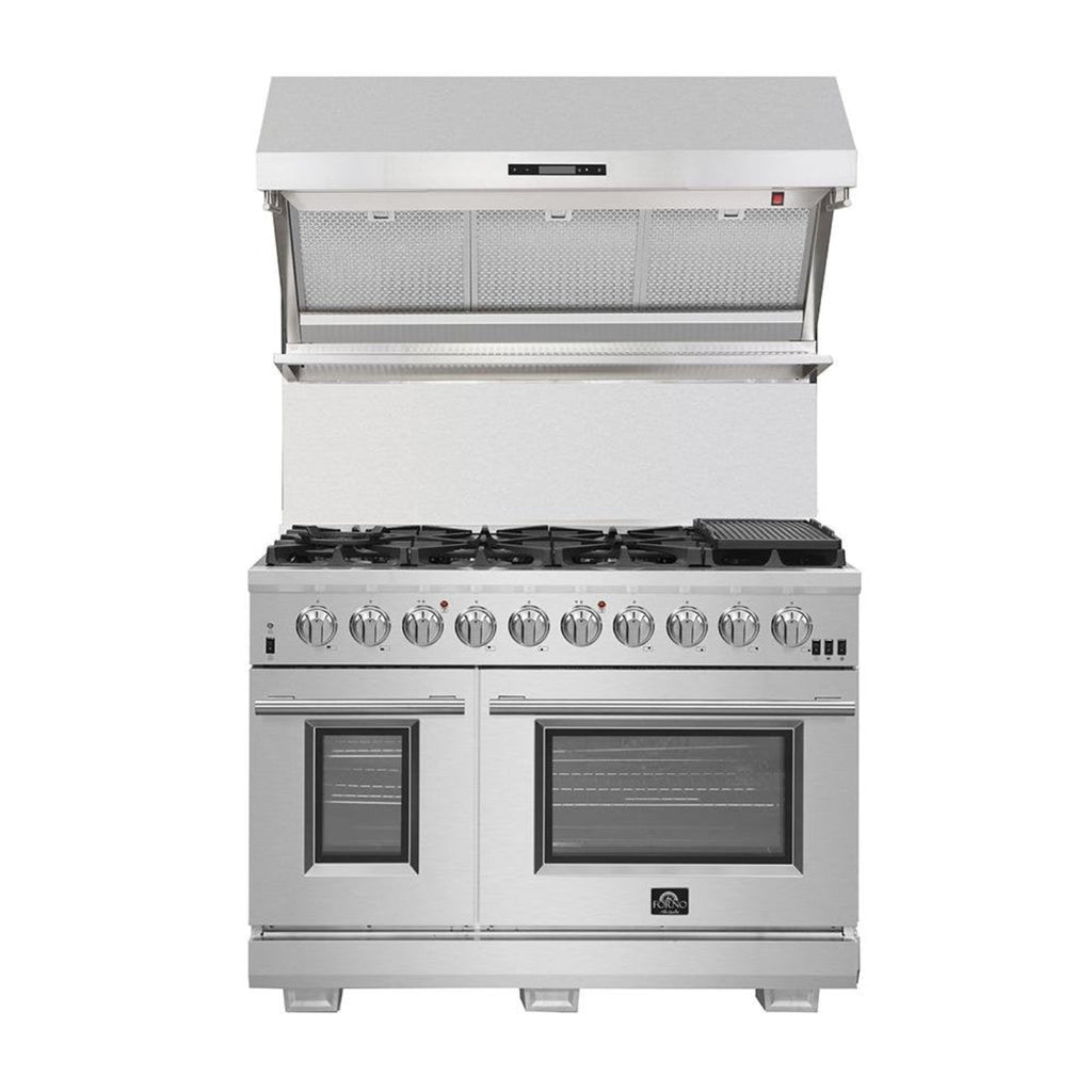 Forno 4-Piece Pro Appliance Package - 48-Inch Gas Range, Premium Hood, French Door Refrigerator, and Dishwasher in Stainless Steel - AP4-6260-48