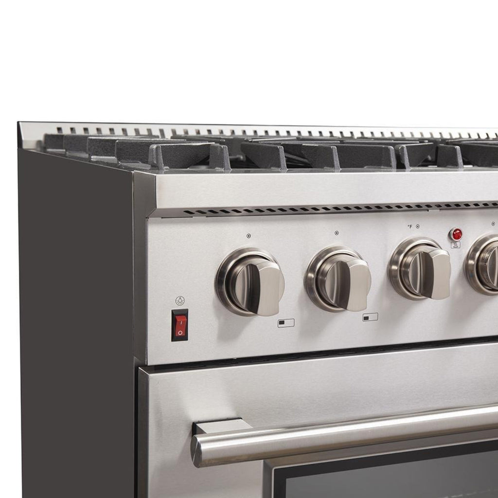 Forno 5-Piece Appliance Package - 36-Inch Dual Fuel Range, Refrigerator, Wall Mount Hood, 24-Inch Microwave Drawer, & 3-Rack Dishwasher in Stainless Steel - APR5-6156-36-H-MWD